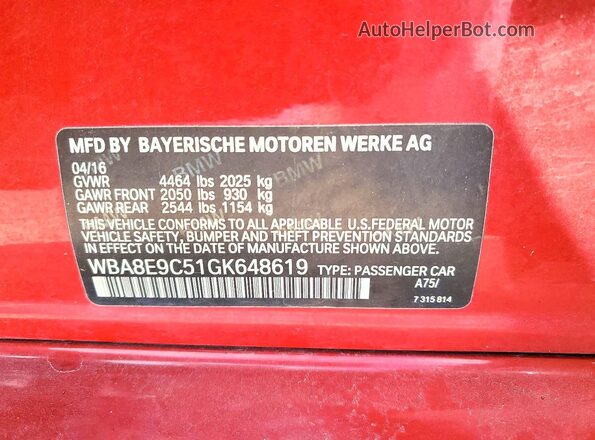WBA8E9C51GK648619 2016 BMW 3 SERIES Red Widok komory silnika
