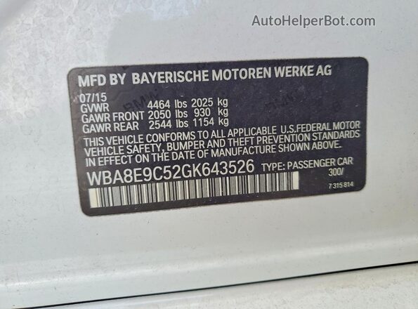 WBA8E9C52GK643526 2016 BMW 3 SERIES White Engine compartment view