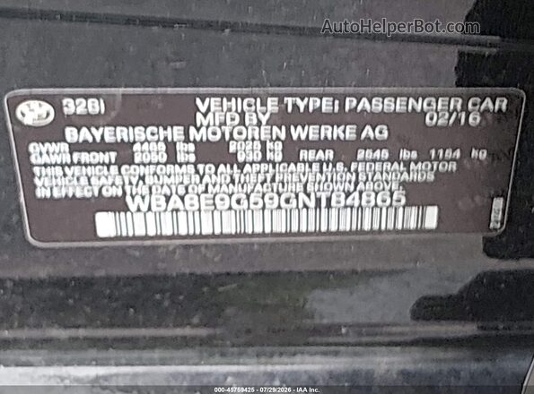 WBA8E9G59GNT84865 2016 BMW 3 SERIES Black Widok komory silnika