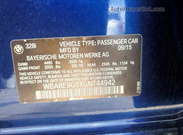WBA8E9G5XGNT44942 2016 BMW 3 SERIES Blue Widok komory silnika