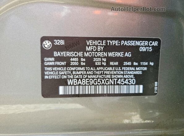 WBA8E9G5XGNT45430 2016 BMW 3 SERIES Серый Вид наклейки с VIN-кодом
