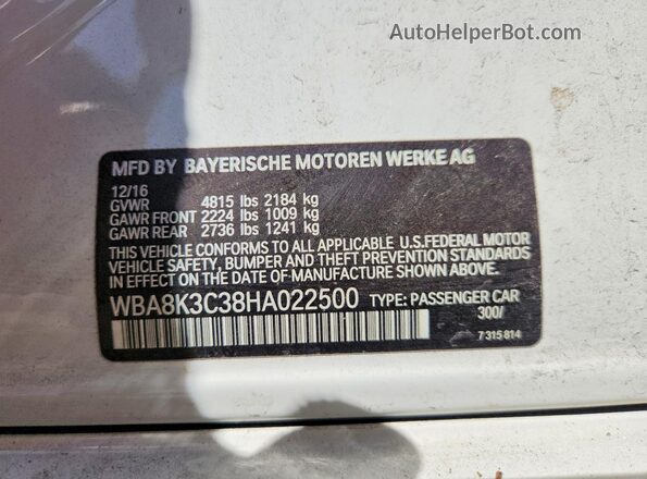 WBA8K3C38HA022500 2017 BMW 3 SERIES White Вид підкапотного простору