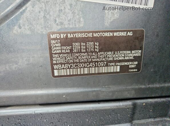 WBA8Y3C3XHG451097 2017 BMW 3 SERIES Черный Вид наклейки с VIN-кодом