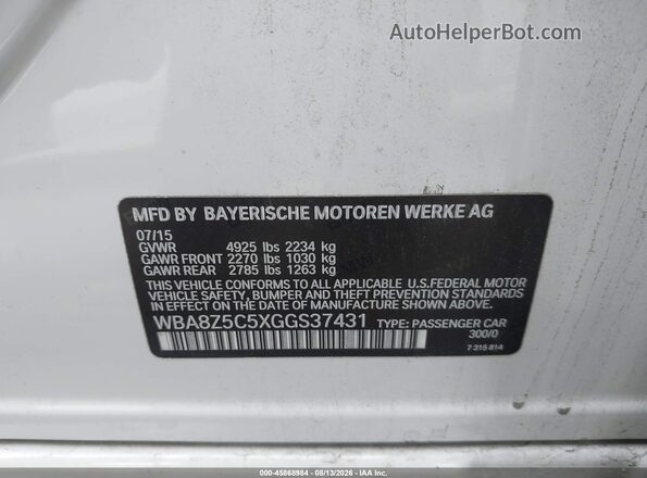 WBA8Z5C5XGGS37431 2016 BMW 3 SERIES White Vista del compartimento del motor
