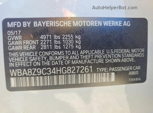 WBA8Z9C34HG827261 2017 BMW 3 SERIES White ძრავის განყოფილების ხედი