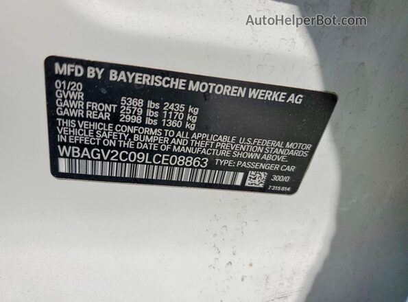 WBAGV2C09LCE08863 2020 BMW 8 SERIES White Вид наклейки з VIN-кодом