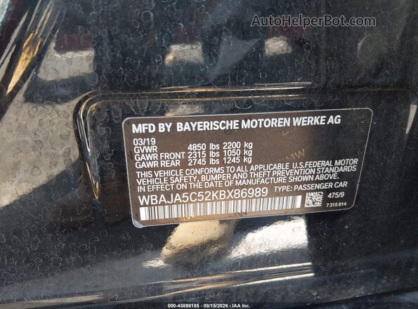 WBAJA5C52KBX86989 2019 BMW 5 SERIES Black Widok komory silnika