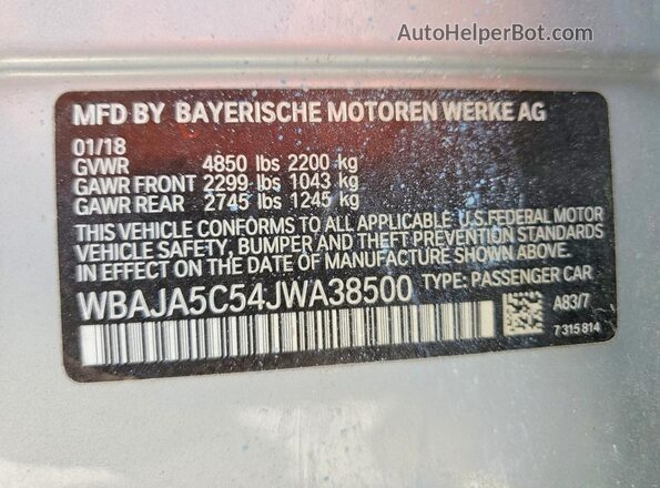 WBAJA5C54JWA38500 2018 BMW 5 SERIES Silver VIN sticker view