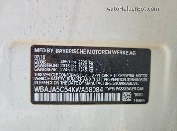 WBAJA5C54KWA58084 2019 BMW 5 SERIES White Вид підкапотного простору