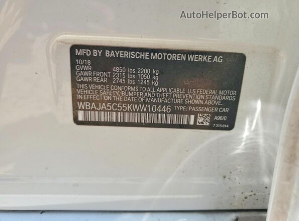 WBAJA5C55KWW10446 2019 BMW 5 SERIES White Շարժիչի բաժամունքի տեսք