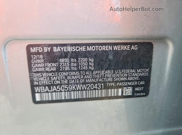 WBAJA5C59KWW20431 2019 BMW 5 SERIES Silver VIN sticker view