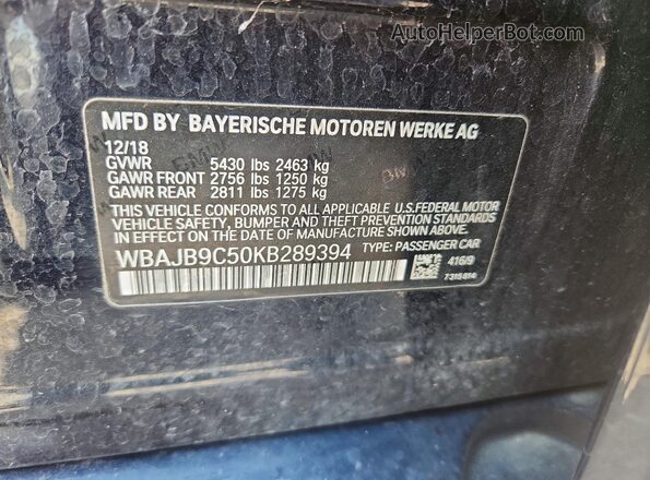 WBAJB9C50KB289394 2019 BMW M5 Black Вид наклейки з VIN-кодом