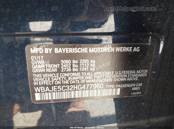 WBAJE5C32HG477960 2017 BMW 5 SERIES Dark Blue Engine compartment view