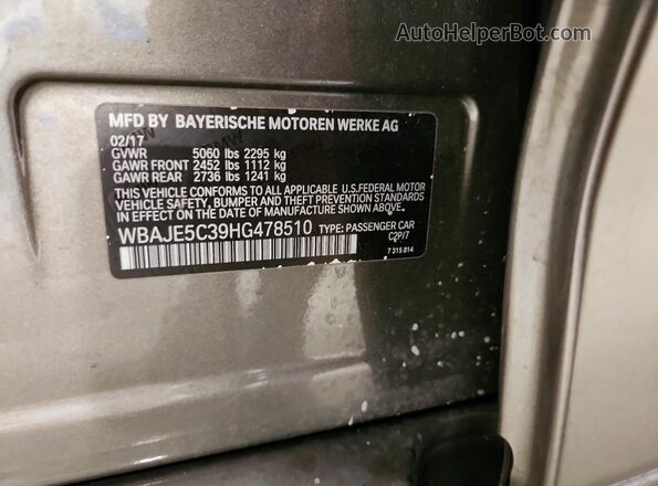 WBAJE5C39HG478510 2017 BMW 5 SERIES Серый Вид наклейки с VIN-кодом
