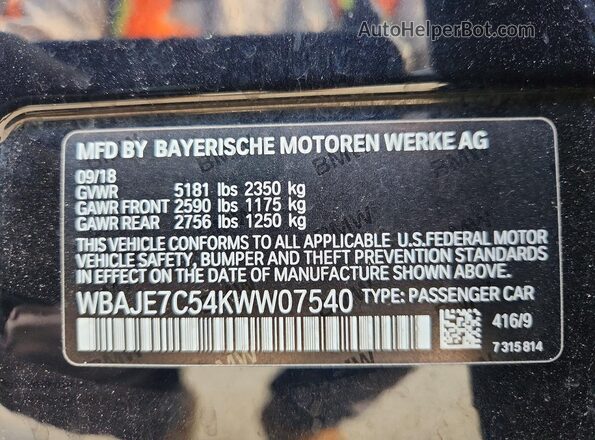 WBAJE7C54KWW07540 2019 BMW 5 SERIES Black VIN კოდის სტიკერის ხედი