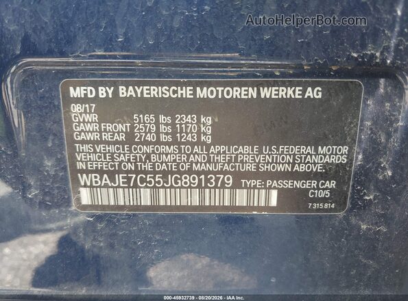WBAJE7C55JG891379 2018 BMW 5 SERIES Blue Շարժիչի բաժամունքի տեսք