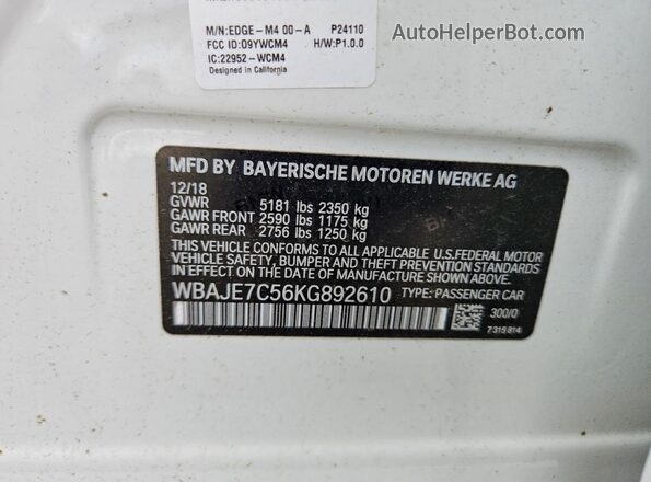 WBAJE7C56KG892610 2019 BMW 5 SERIES White Widok naklejki z numerem VIN