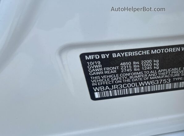 WBAJR3C00LWW63753 2020 BMW 5 SERIES White VIN კოდის სტიკერის ხედი