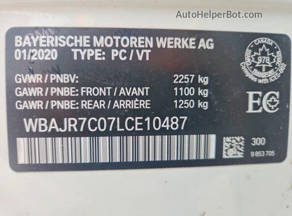 WBAJR7C07LCE10487 2020 BMW 5 SERIES White Вид наклейки з VIN-кодом