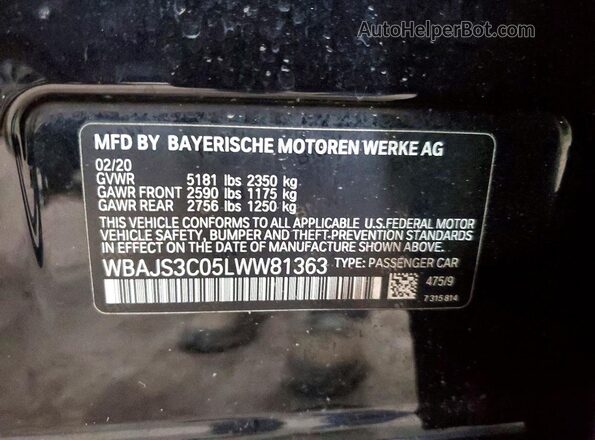 WBAJS3C05LWW81363 2020 BMW 5 SERIES Black Vista de la etiqueta del VIN