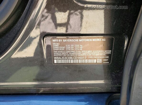 WBAJS3C08LCD16017 2020 BMW 5 SERIES Black VIN sticker view