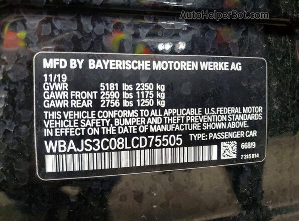 WBAJS3C08LCD75505 2020 BMW 5 SERIES Black VIN კოდის სტიკერის ხედი