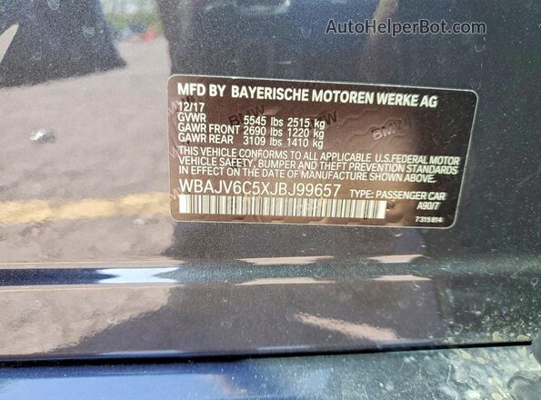 WBAJV6C5XJBJ99657 2018 BMW 6 SERIES Серый Вид наклейки с VIN-кодом