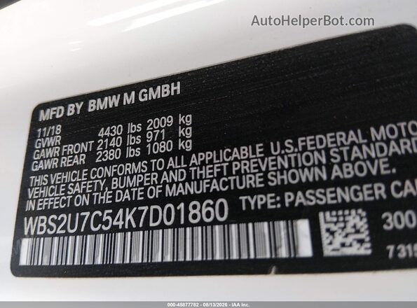 WBS2U7C54K7D01860 2019 BMW M2 White Widok komory silnika