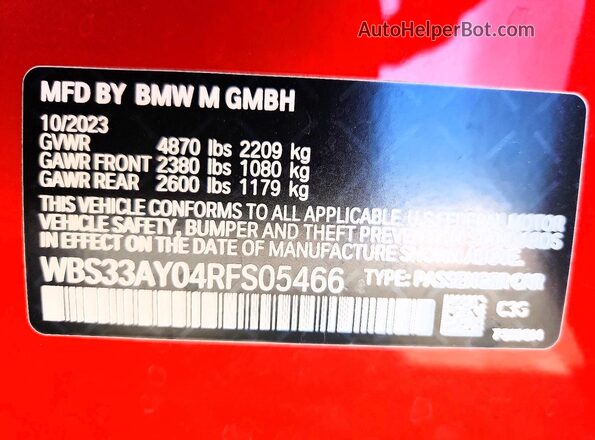WBS33AY04RFS05466 2024 BMW M3 Красный Вид подкапотного пространства