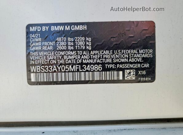 WBS33AY05MFL34986 2021 BMW M3 White Вид наклейки з VIN-кодом