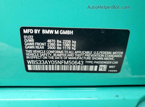 WBS33AY05NFM50643 2022 BMW M3 Turquoise Вид підкапотного простору