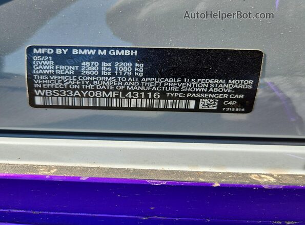 WBS33AY08MFL43116 2021 BMW M3 Purple VIN კოდის სტიკერის ხედი