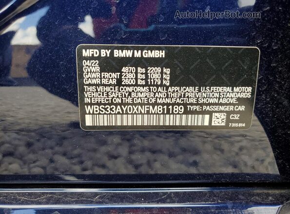 WBS33AY0XNFM81189 2022 BMW M3 Blue Engine compartment view