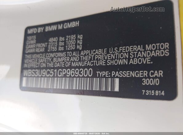 WBS3U9C51GP969300 2016 BMW M4 White Engine compartment view