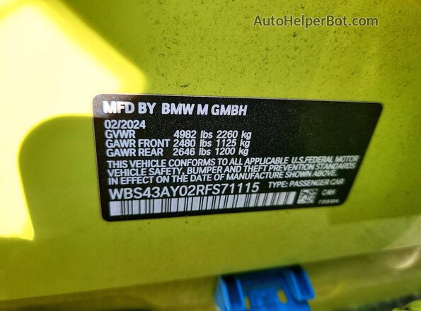 WBS43AY02RFS71115 2024 BMW M3 Green VIN sticker view