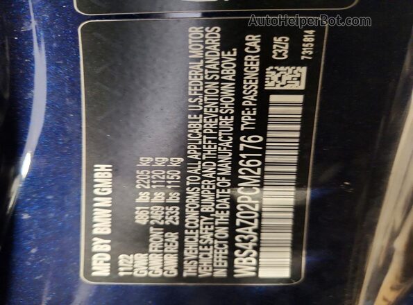 WBS43AZ02PCM26176 2023 BMW M4 Blue Widok naklejki z numerem VIN