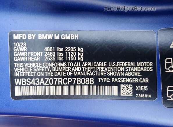 WBS43AZ07RCP78088 2024 BMW M4 Blue Вид наклейки з VIN-кодом