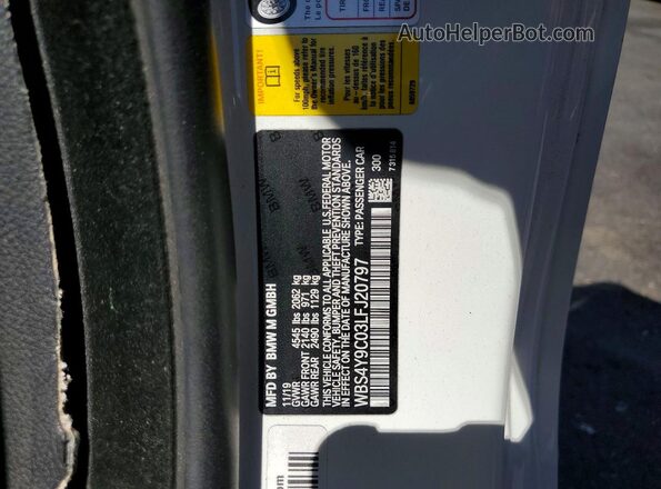 WBS4Y9C03LFJ20797 2020 BMW M4 White VIN կոդի պիտակի տեսք