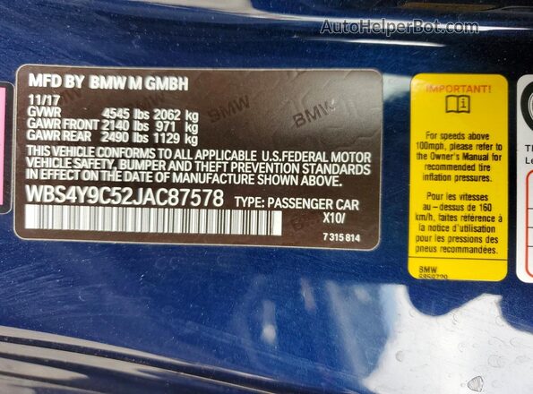 WBS4Y9C52JAC87578 2018 BMW M4 Blue Widok komory silnika
