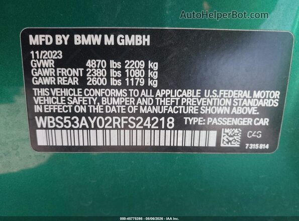 WBS53AY02RFS24218 2024 BMW M3 Green Вид підкапотного простору