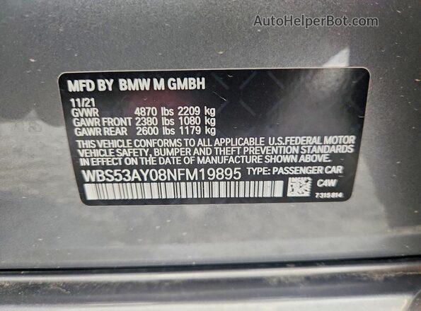 WBS53AY08NFM19895 2022 BMW M3 Gray Widok naklejki z numerem VIN