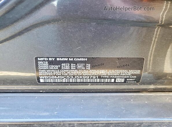 WBS8M9C53J5K99791 2018 BMW M3 Gray Widok naklejki z numerem VIN
