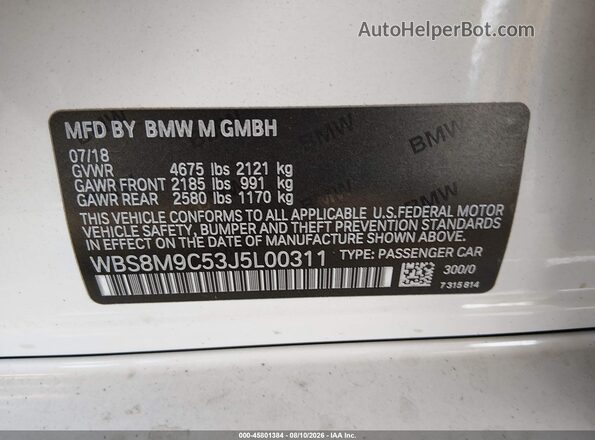 WBS8M9C53J5L00311 2018 BMW M3 White Widok komory silnika