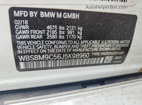 WBS8M9C56J5K98960 2018 BMW M3 White Vista de la etiqueta del VIN