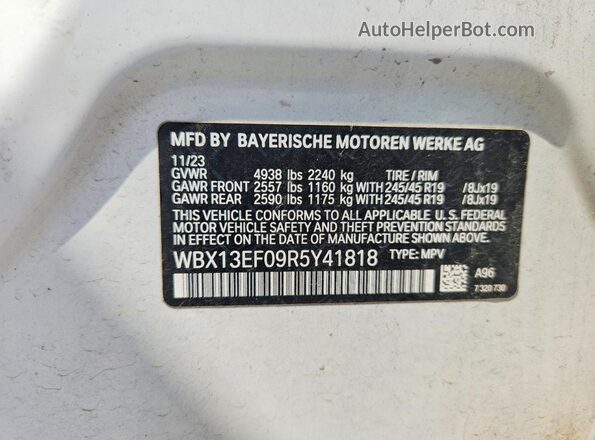 WBX13EF09R5Y41818 2024 BMW X1 White VIN კოდის სტიკერის ხედი