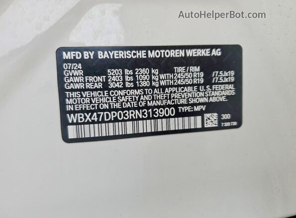 WBX47DP03RN313900 2024 BMW X3 White VIN კოდის სტიკერის ხედი