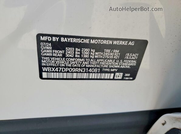 WBX47DP09RN314081 2024 BMW X3 White Вид наклейки з VIN-кодом
