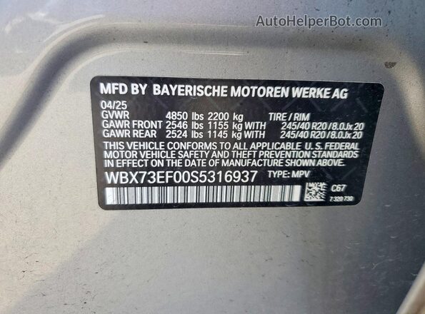 WBX73EF00S5316937 2025 BMW X1 Gray VIN კოდის სტიკერის ხედი