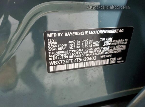 WBX73EF02T5539403 2026 BMW X1 Blue VIN კოდის სტიკერის ხედი
