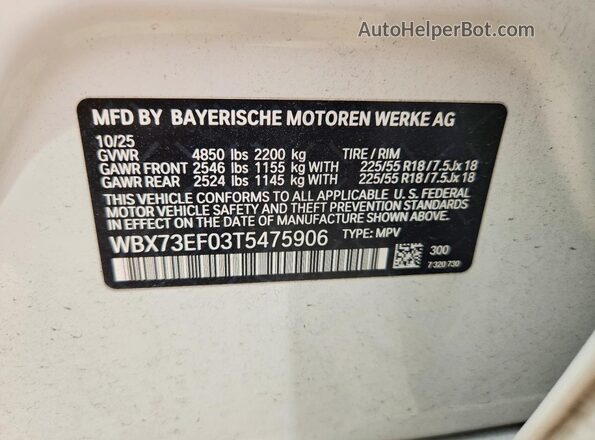 WBX73EF03T5475906 2026 BMW X1 Белый Вид наклейки с VIN-кодом